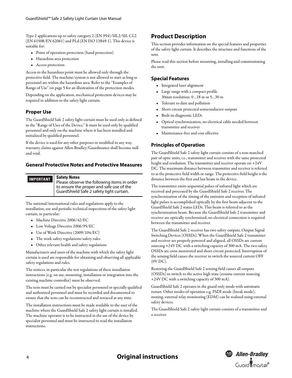 Original instructions, Product description | Rockwell Automation 445L GuardShield Safe 2 and Safe 2 PAC Safety Light Curtains User Manual User Manual | Page 6 / 32