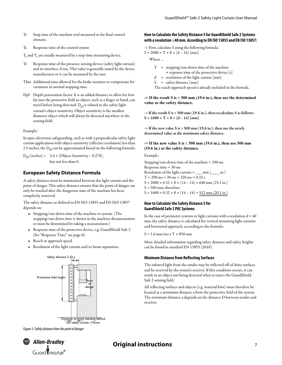 Original instructions, European safety distance formula | Rockwell Automation 445L GuardShield Safe 2 and Safe 2 PAC Safety Light Curtains User Manual User Manual | Page 9 / 32