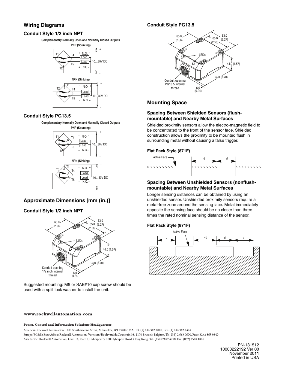 Wiring diagrams, Approximate dimensions [mm (in.), Mounting space | Conduit style 1/2 inch npt, Conduit style pg13.5 | Rockwell Automation 871F Proximity Sensors Installation Instructions User Manual | Page 2 / 2