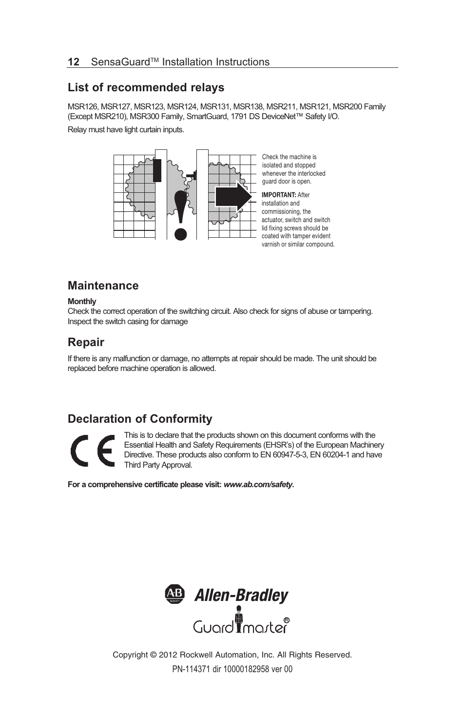List of recommended relays, Maintenance, Repair | Declaration of conformity | Rockwell Automation 440N SensaGuard Rectangular Flat Pack Installation Instructions User Manual | Page 12 / 12
