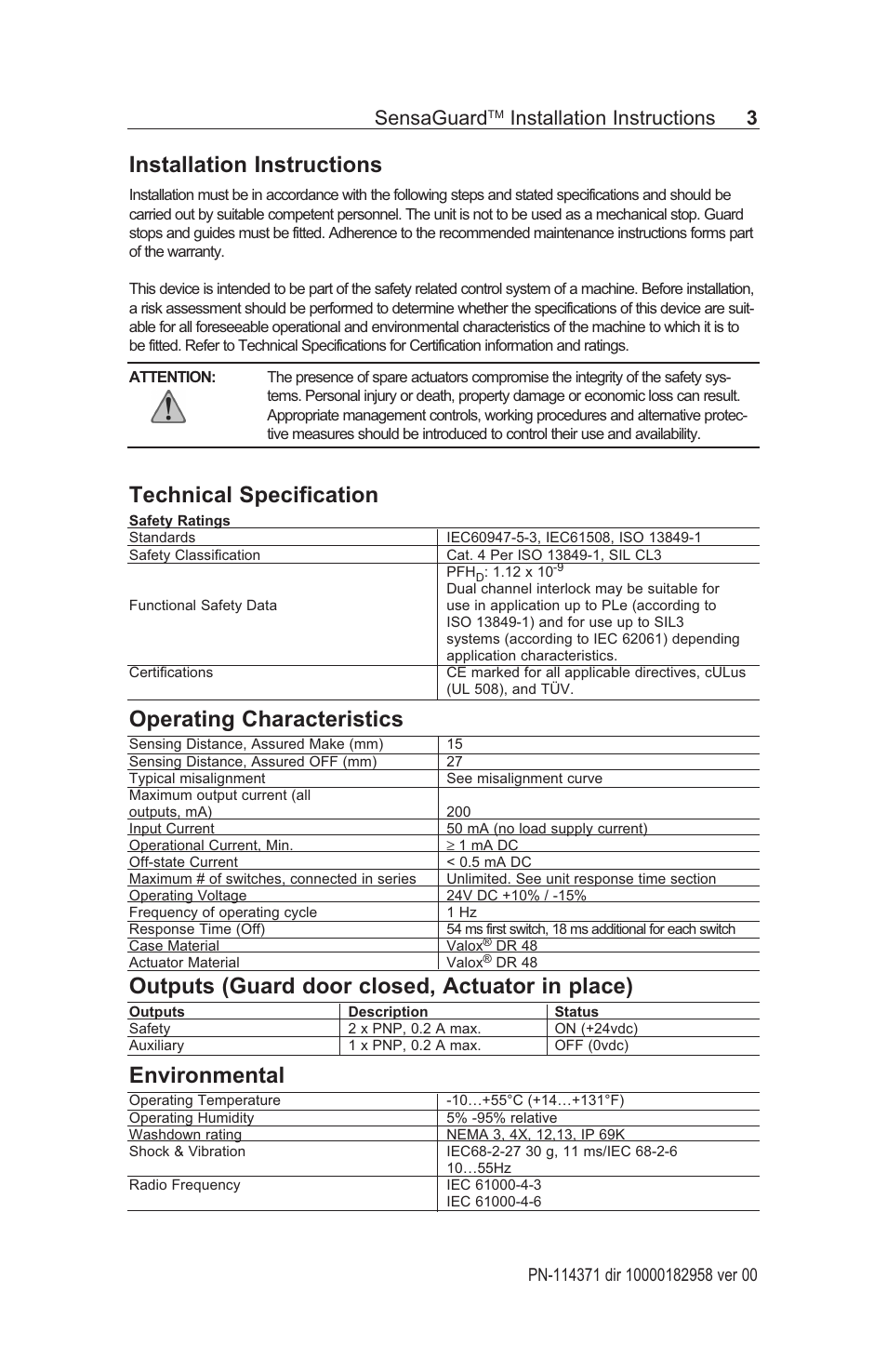 Installation instructions, Technical specification, Operating characteristics | Outputs (guard door closed, actuator in place), Environmental, Sensaguard, Installation instructions 3 | Rockwell Automation 440N SensaGuard Rectangular Flat Pack Installation Instructions User Manual | Page 3 / 12