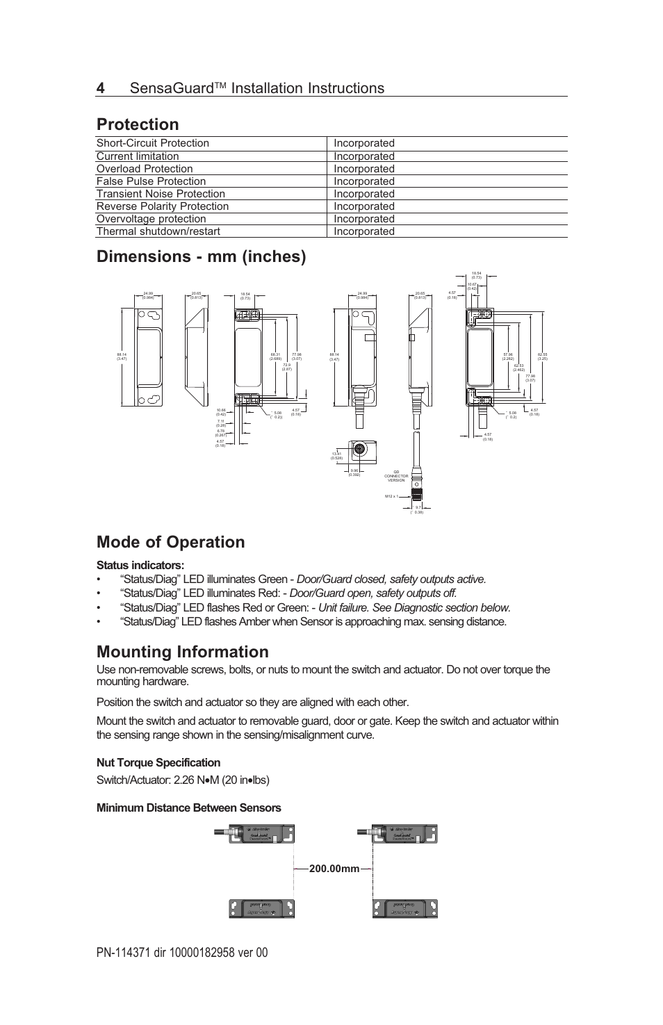 Protection, Dimensions - mm (inches) mode of operation, Mounting information | 4sensaguard, Installation instructions, 00mm | Rockwell Automation 440N SensaGuard Rectangular Flat Pack Installation Instructions User Manual | Page 4 / 12
