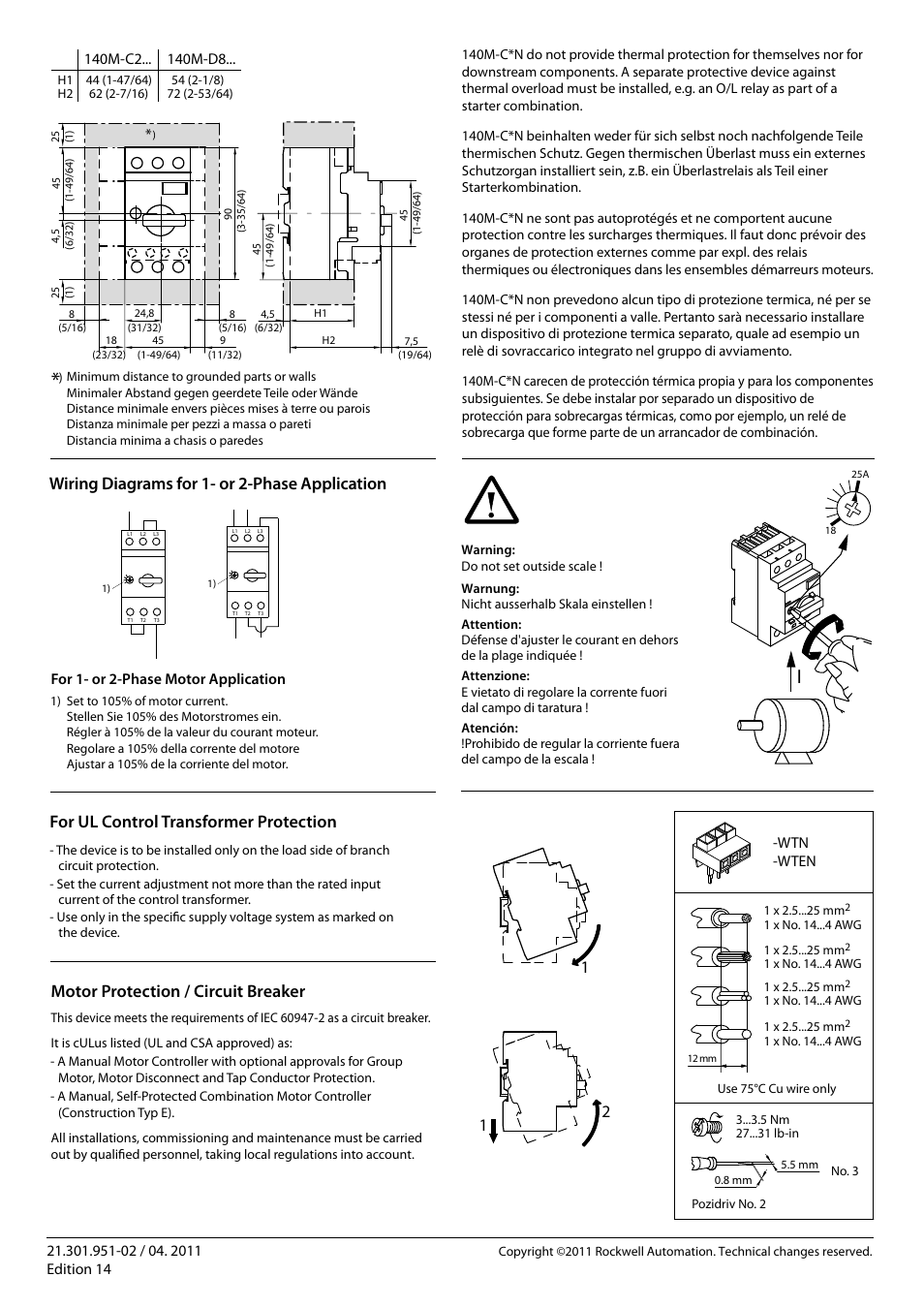 For ul control transformer protection, Wiring diagrams for 1- or 2-phase application, Motor protection / circuit breaker | Rockwell Automation 140M-C2x-… Motor Protection Circuit Breaker User Manual | Page 2 / 2