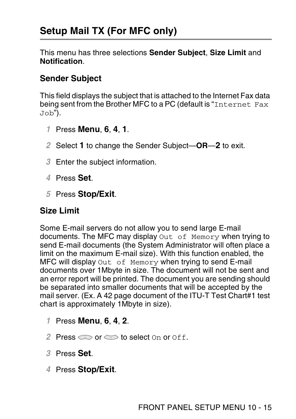 Setup mail tx (for mfc only), Sender subject, Size limit | Setup mail tx (for mfc only) -15, Sender subject -15 size limit -15 | Brother NC9100H User Manual | Page 104 / 176