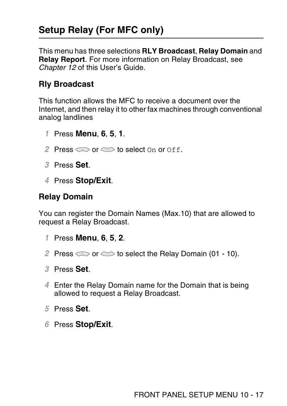 Setup relay (for mfc only), Rly broadcast, Relay domain | Setup relay (for mfc only) -17, Rly broadcast -17 relay domain -17 | Brother NC9100H User Manual | Page 106 / 176