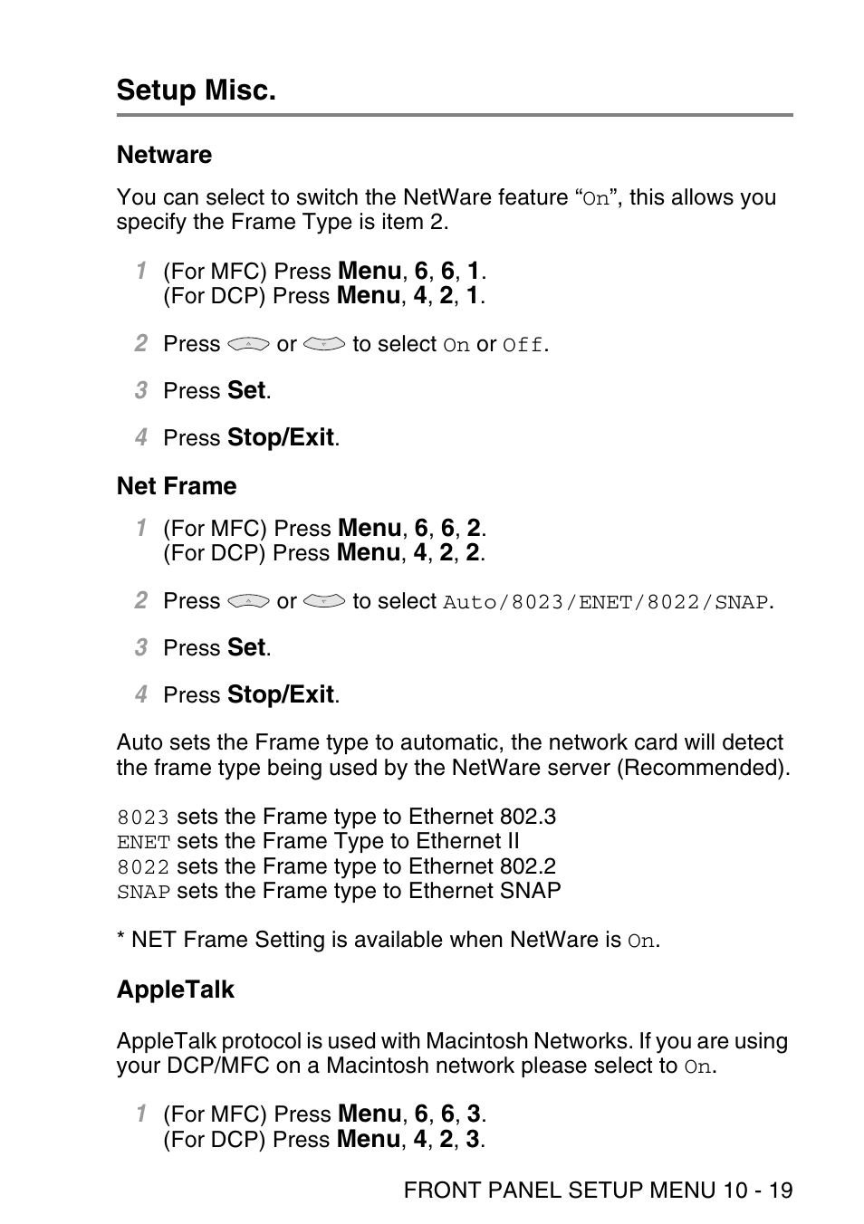 Setup misc, Netware, Net frame | Appletalk, Setup misc -19, Netware -19 net frame -19 appletalk -19 | Brother NC9100H User Manual | Page 108 / 176