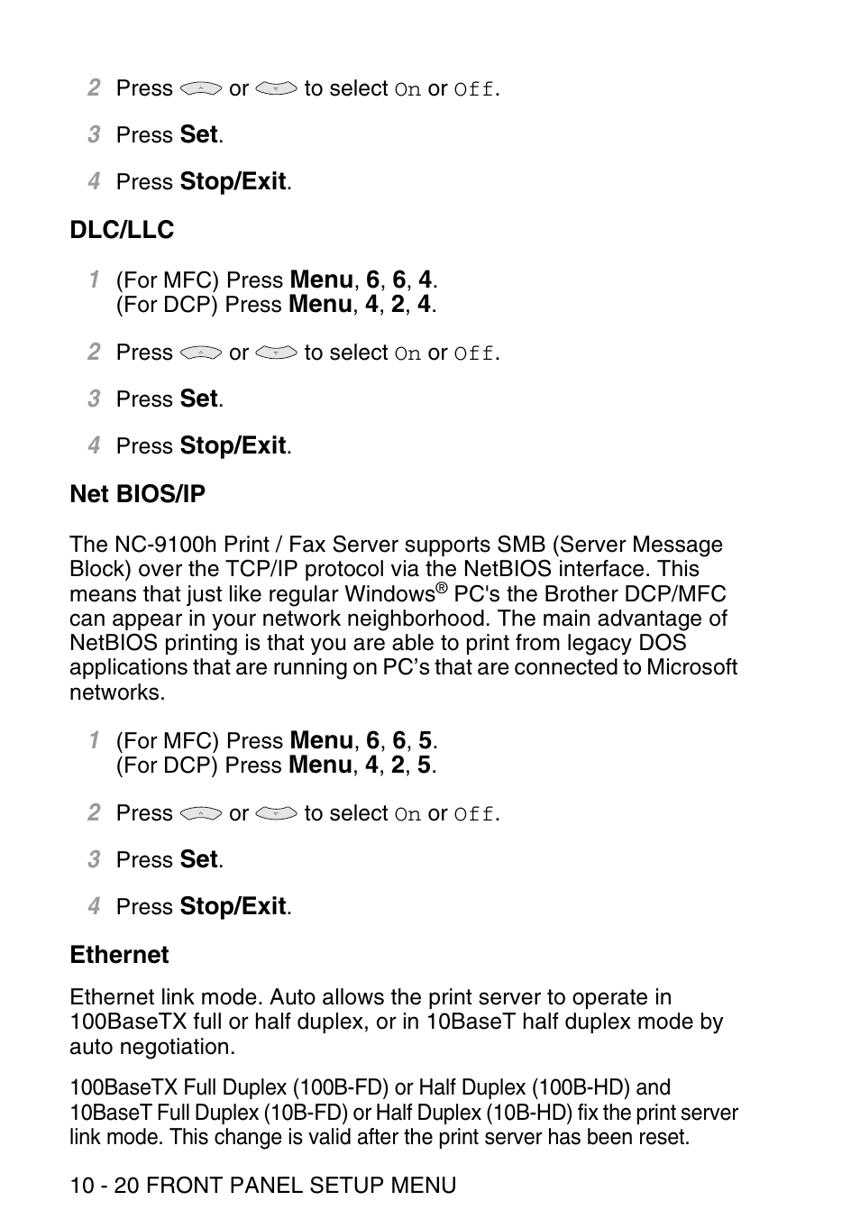 Dlc/llc, Net bios/ip, Ethernet | Dlc/llc -20 net bios/ip -20 ethernet -20 | Brother NC9100H User Manual | Page 109 / 176