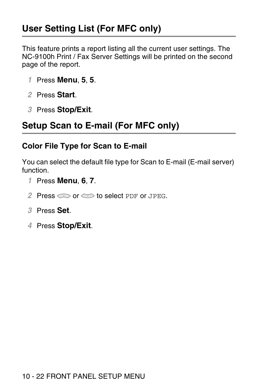 User setting list (for mfc only), Setup scan to e-mail (for mfc only), Color file type for scan to e-mail | Color file type for scan to e-mail -22 | Brother NC9100H User Manual | Page 111 / 176