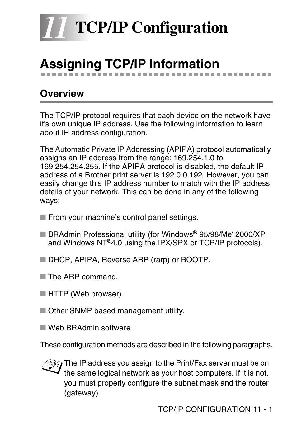 11 tcp/ip configuration, Assigning tcp/ip information, Overview | Tcp/ip configuration -1, Assigning tcp/ip information -1, Overview -1, Tcp/ip configuration | Brother NC9100H User Manual | Page 112 / 176