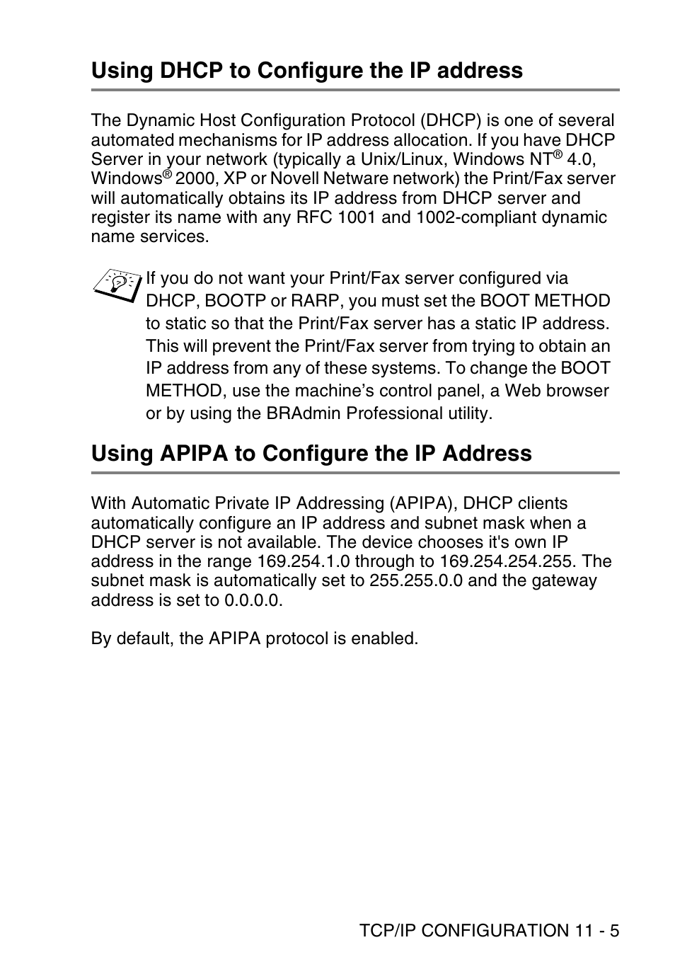 Using dhcp to configure the ip address, Using apipa to configure the ip address | Brother NC9100H User Manual | Page 116 / 176