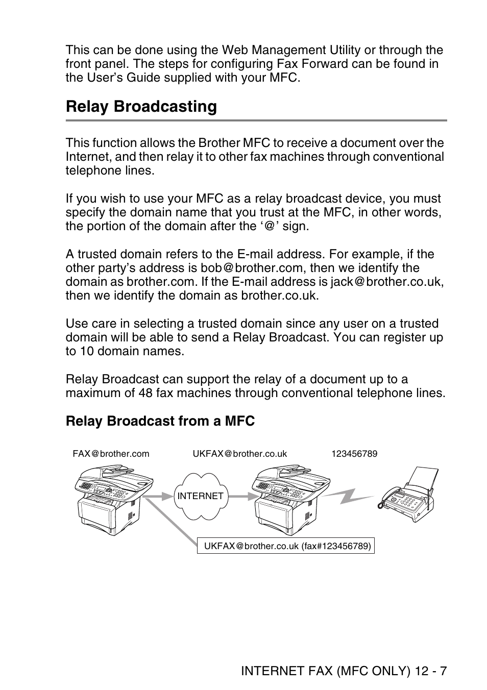 Relay broadcasting, Relay broadcast from a mfc, Relay broadcasting -7 | Relay broadcast from a mfc -7 | Brother NC9100H User Manual | Page 128 / 176