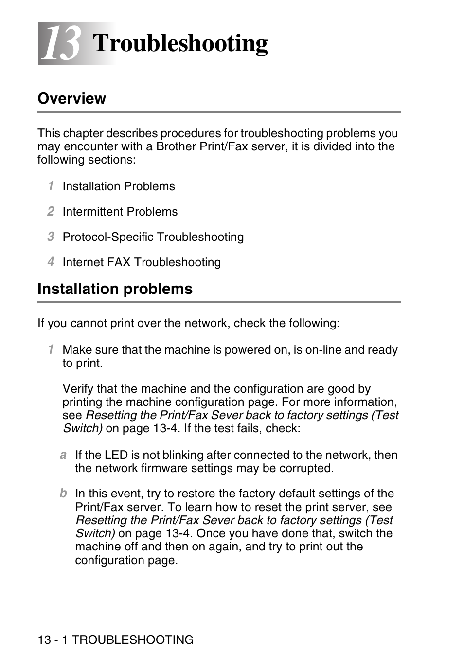 13 troubleshooting, Overview, Installation problems | Troubleshooting -1, Overview -1 installation problems -1, Troubleshooting | Brother NC9100H User Manual | Page 133 / 176