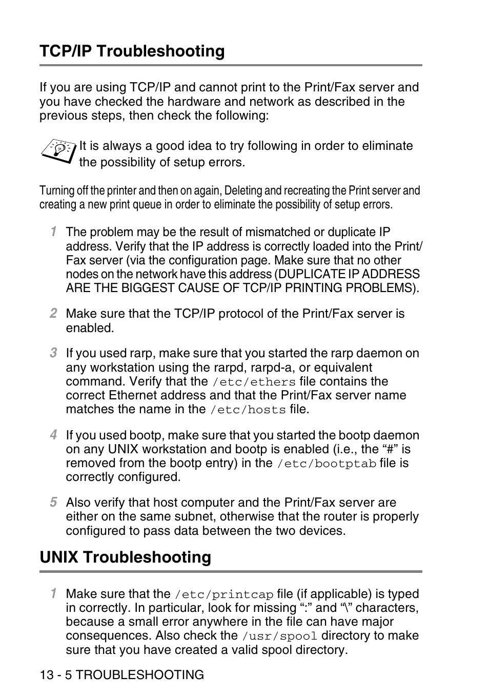 Tcp/ip troubleshooting, Unix troubleshooting, Tcp/ip troubleshooting -5 unix troubleshooting -5 | Brother NC9100H User Manual | Page 137 / 176