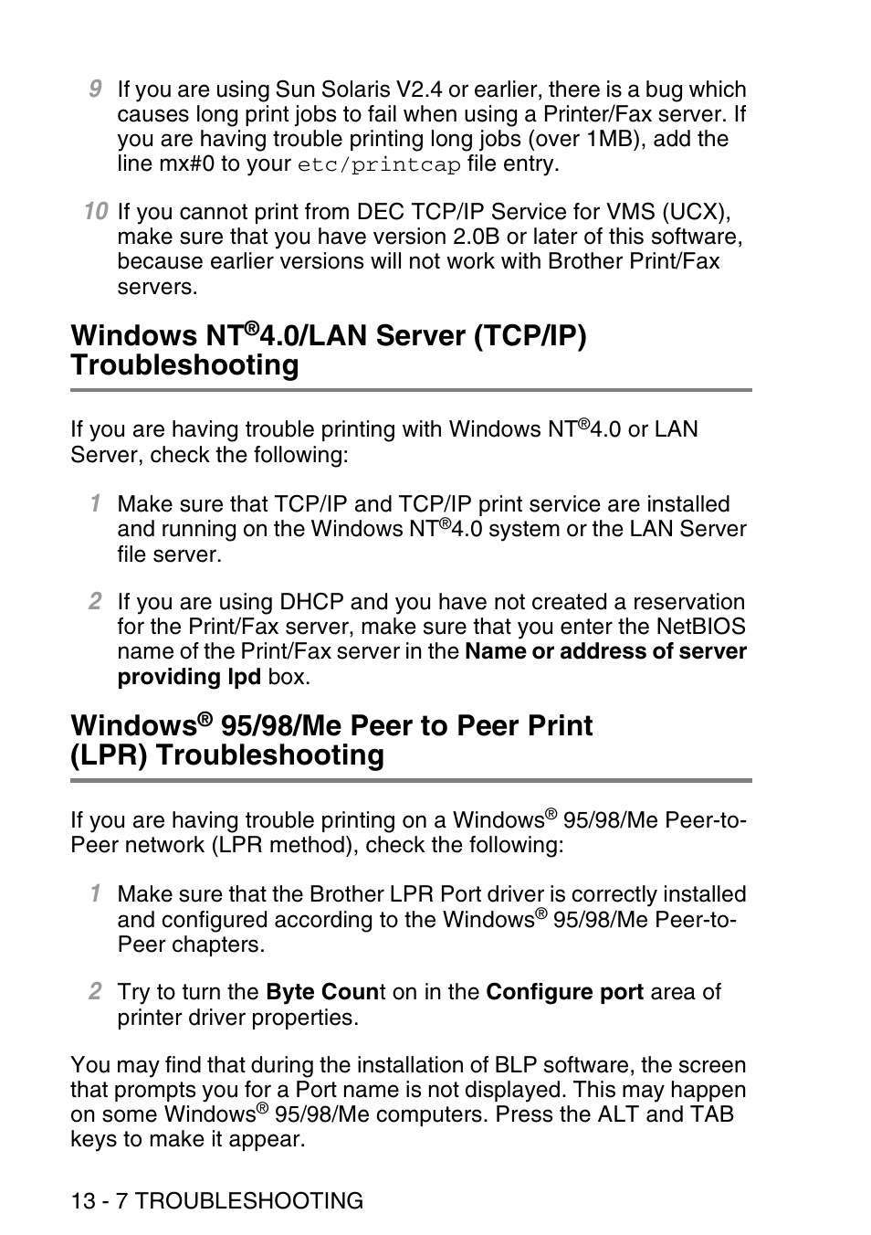 Windows nt®4.0/lan server (tcp/ip) troubleshooting, Windows nt, 0/lan server (tcp/ip) | Troubleshooting -7 windows, 95/98/me peer to peer print, Lpr) troubleshooting -7, 0/lan server (tcp/ip) troubleshooting, Windows, 95/98/me peer to peer print (lpr) troubleshooting | Brother NC9100H User Manual | Page 139 / 176