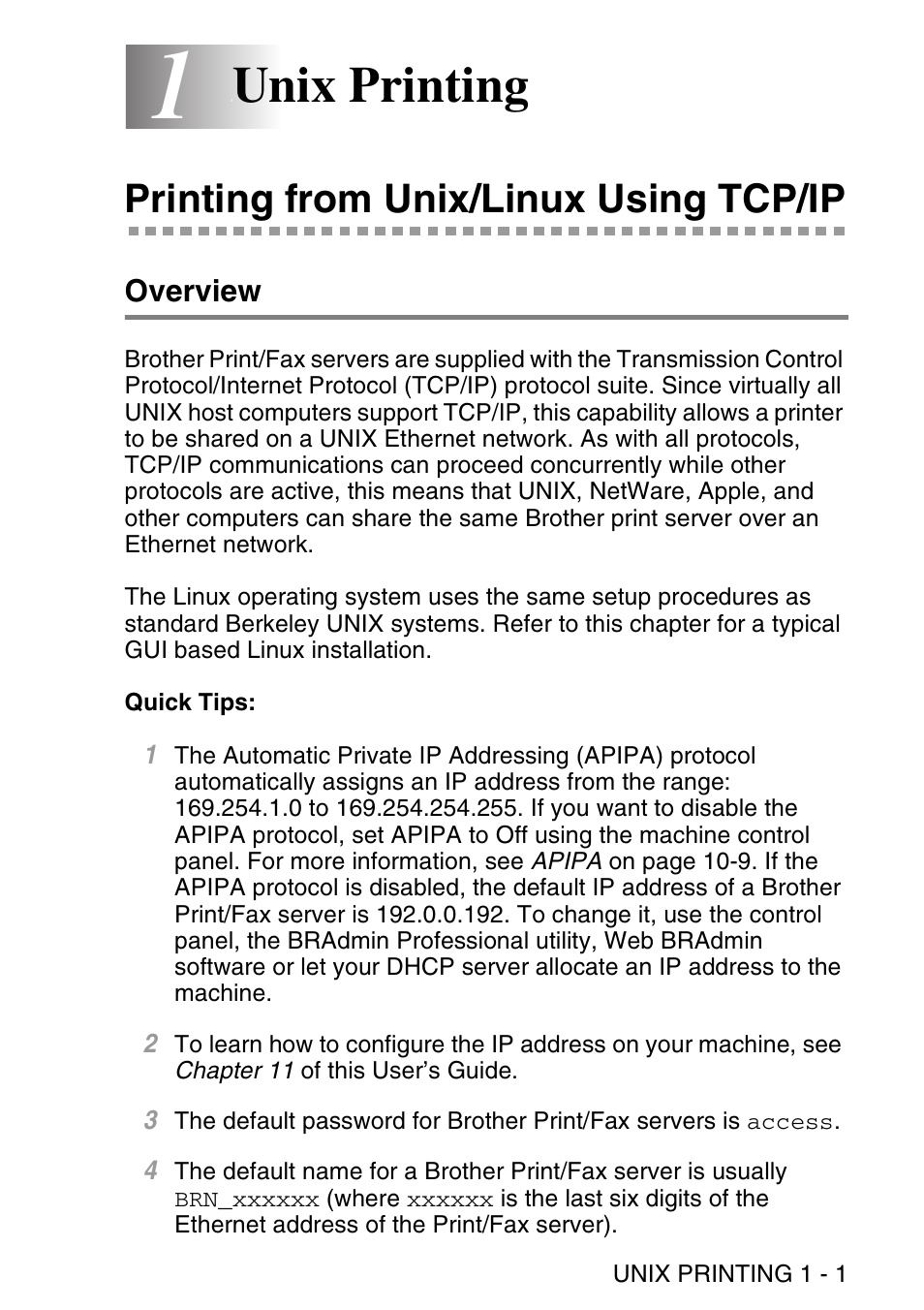 1 unix printing, Printing from unix/linux using tcp/ip, Overview | Unix printing -1, Printing from unix/linux using tcp/ip -1, Overview -1, Unix printing | Brother NC9100H User Manual | Page 14 / 176