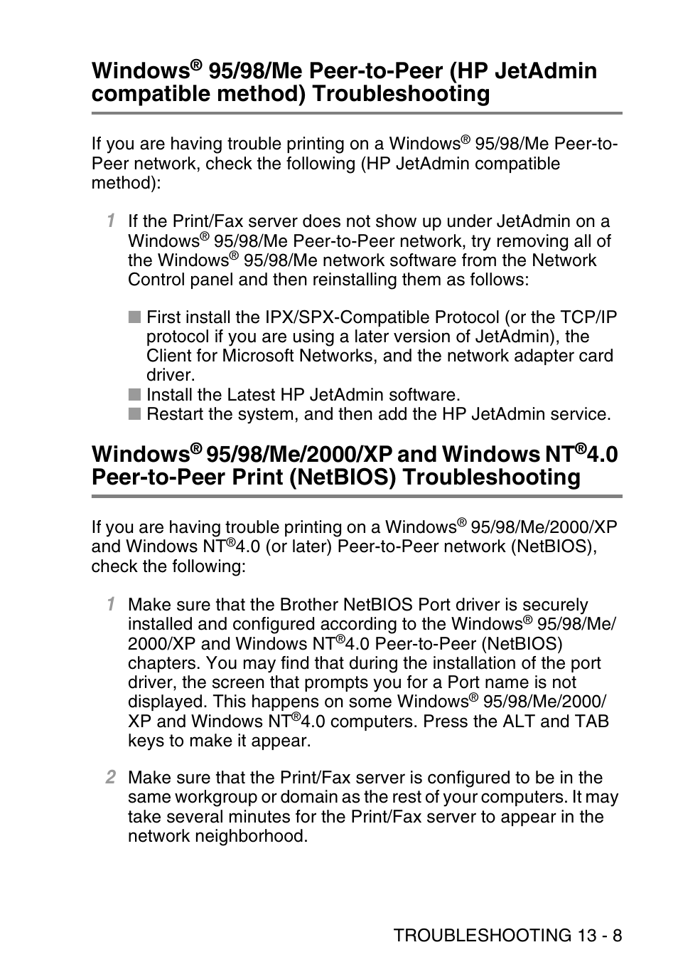 Windows, 95/98/me peer-to-peer (hp jetadmin, Compatible method) troubleshooting -8 windows | 95/98/me/2000/xp and windows nt, Peer-to-peer print (netbios) troubleshooting -8, 0 peer-to-peer print (netbios) troubleshooting | Brother NC9100H User Manual | Page 140 / 176