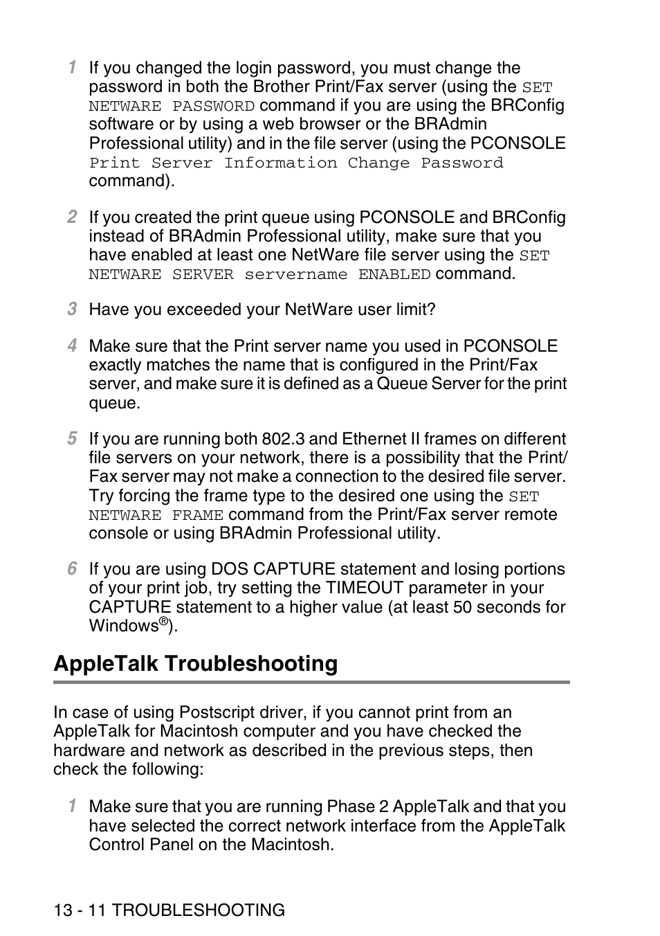 Appletalk troubleshooting, Appletalk troubleshooting -11 | Brother NC9100H User Manual | Page 143 / 176