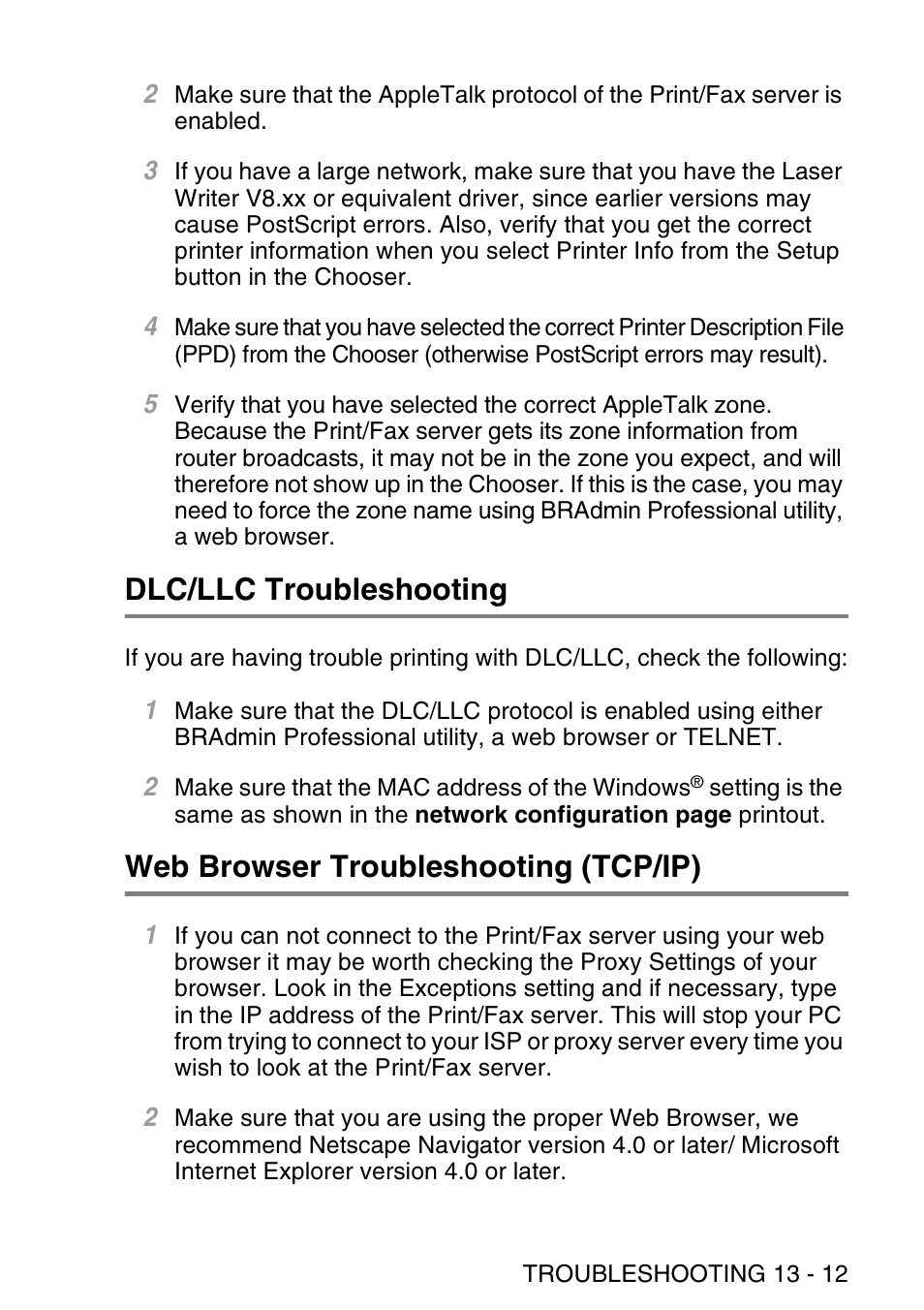 Dlc/llc troubleshooting, Web browser troubleshooting (tcp/ip) | Brother NC9100H User Manual | Page 144 / 176