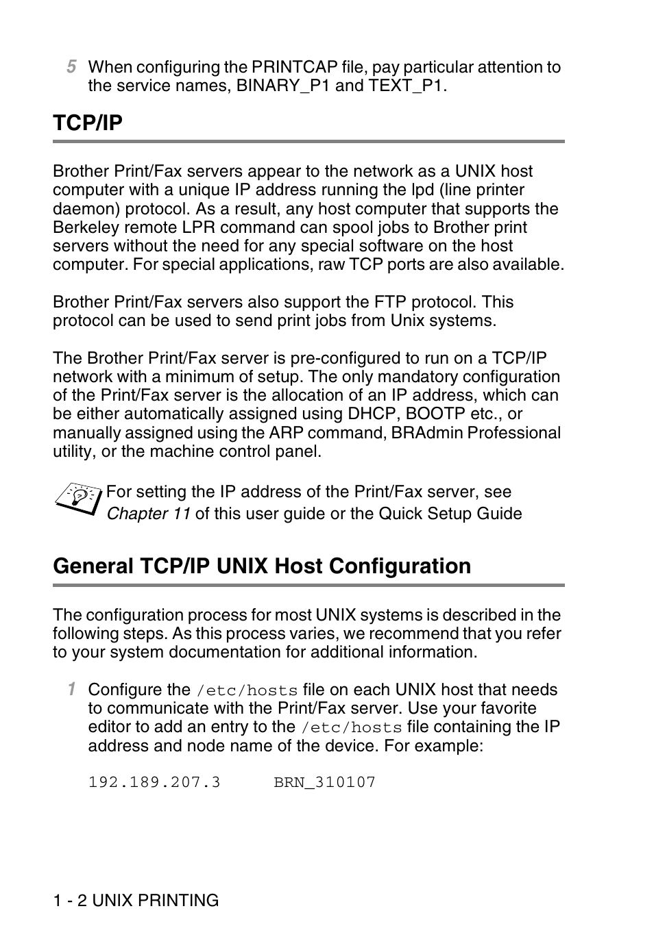 Tcp/ip, General tcp/ip unix host configuration | Brother NC9100H User Manual | Page 15 / 176