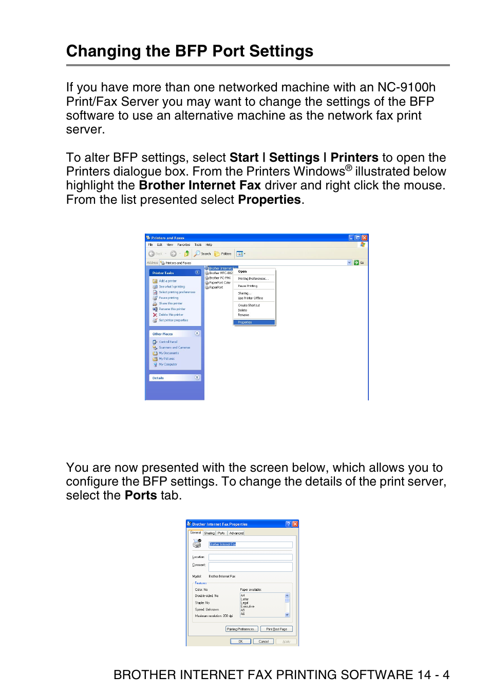 Changing the bfp port settings, Changing the bfp port settings -4 | Brother NC9100H User Manual | Page 150 / 176