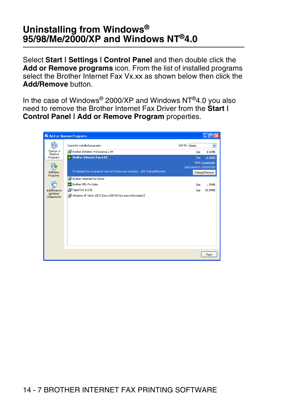 Uninstalling from windows, 95/98/me/2000/xp and windows nt | Brother NC9100H User Manual | Page 153 / 176