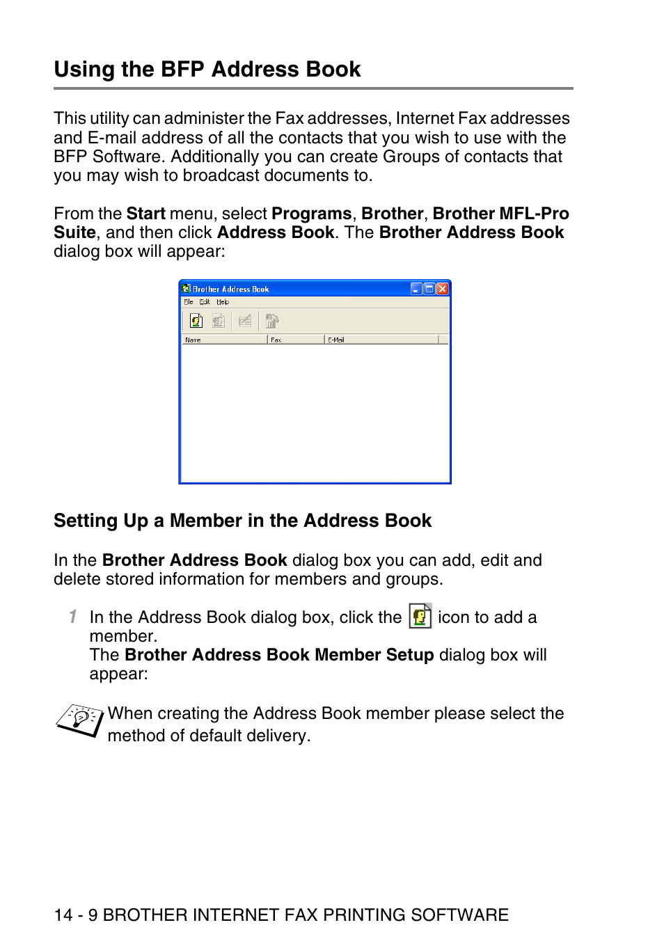 Using the bfp address book, Setting up a member in the address book, Using the bfp address book -9 | Setting up a member in the address book -9 | Brother NC9100H User Manual | Page 155 / 176