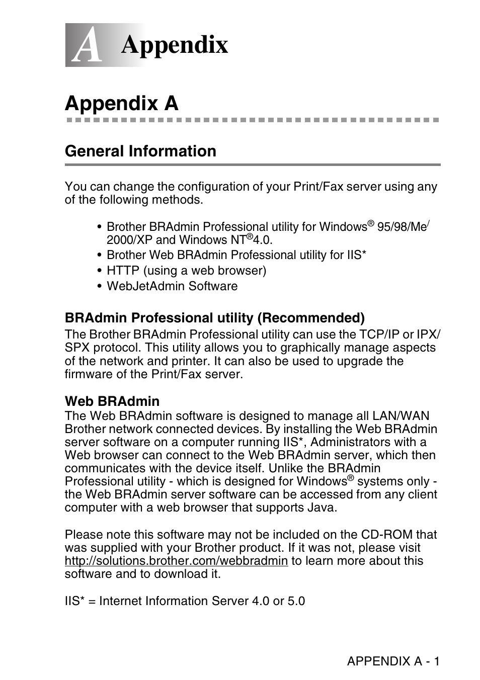 Appendix, Appendix a, General information | Bradmin professional utility (recommended), Web bradmin | Brother NC9100H User Manual | Page 160 / 176