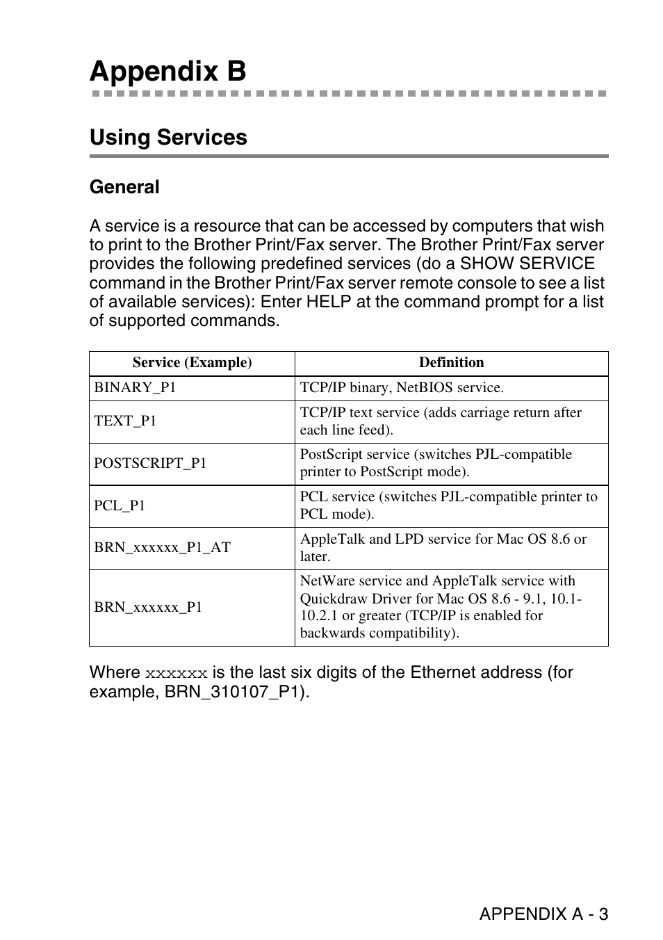 Appendix b, Using services, General | Brother NC9100H User Manual | Page 162 / 176