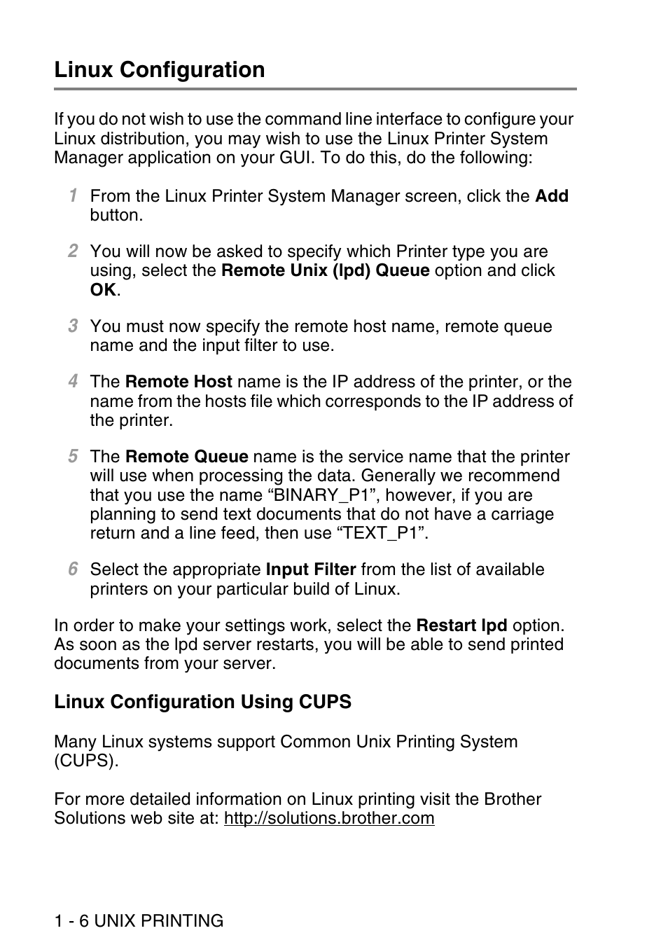 Linux configuration, Linux configuration using cups, Linux configuration -6 | Linux configuration using cups -6 | Brother NC9100H User Manual | Page 19 / 176