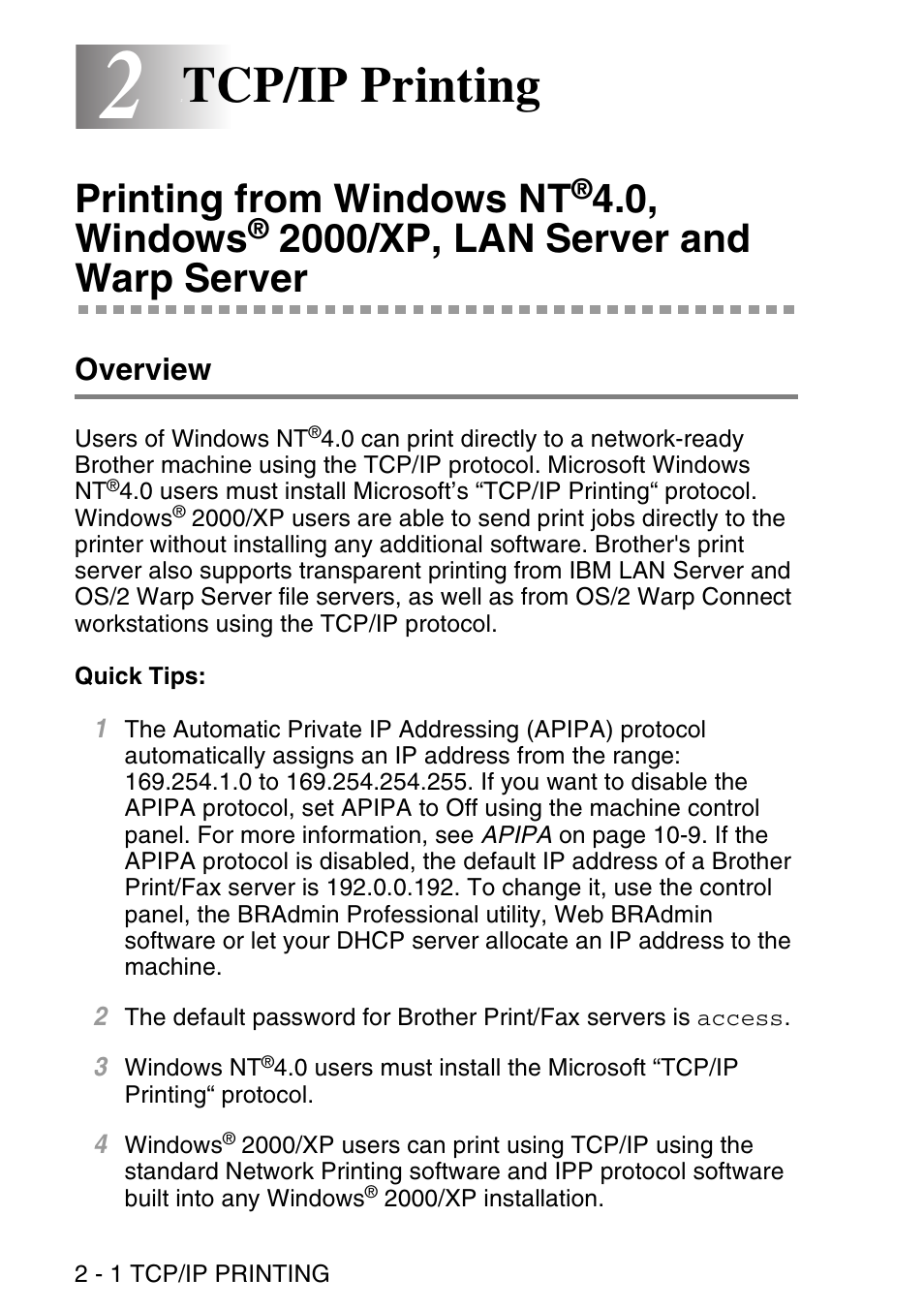 2 tcp/ip printing, Overview, Tcp/ip printing -1 | Printing from windows nt, 0, windows, 2000/xp, lan, Server and warp server -1, Overview -1, Tcp/ip printing, 2000/xp, lan server and warp server | Brother NC9100H User Manual | Page 27 / 176