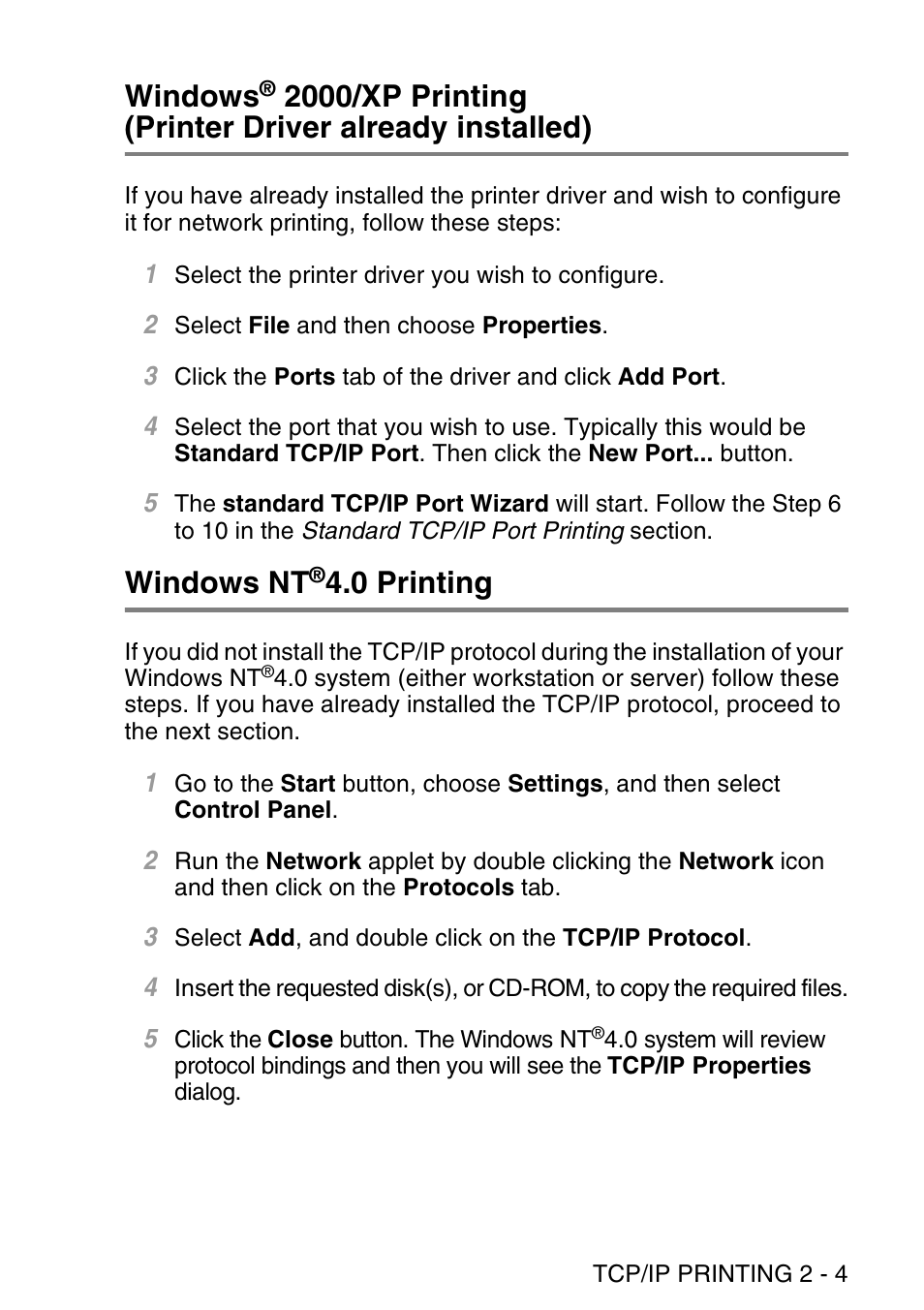 Windows nt®4.0 printing, Windows, 2000/xp printing | Printer driver already installed) -4 windows nt, 0 printing -4, Windows nt, 0 printing | Brother NC9100H User Manual | Page 30 / 176