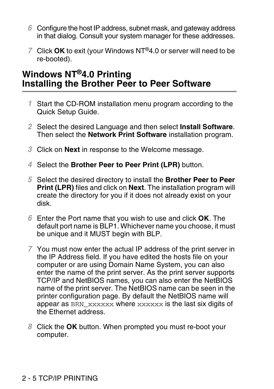 Windows nt, 0 printing, Installing the brother peer to peer software -5 | Brother NC9100H User Manual | Page 31 / 176