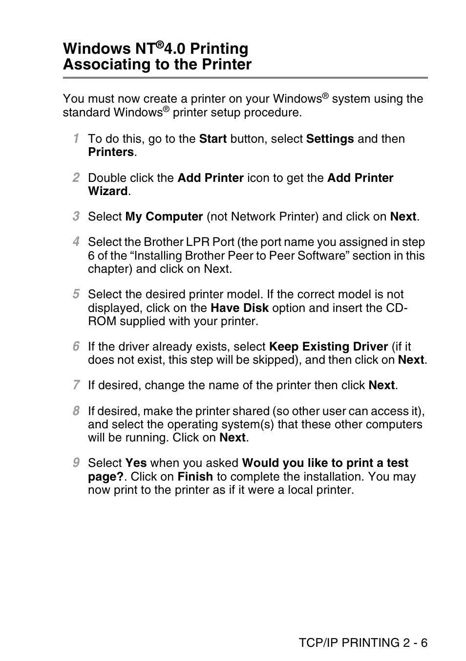 Windows nt®4.0 printing associating to the printer, Windows nt, 0 printing | Associating to the printer -6, 0 printing associating to the printer | Brother NC9100H User Manual | Page 32 / 176