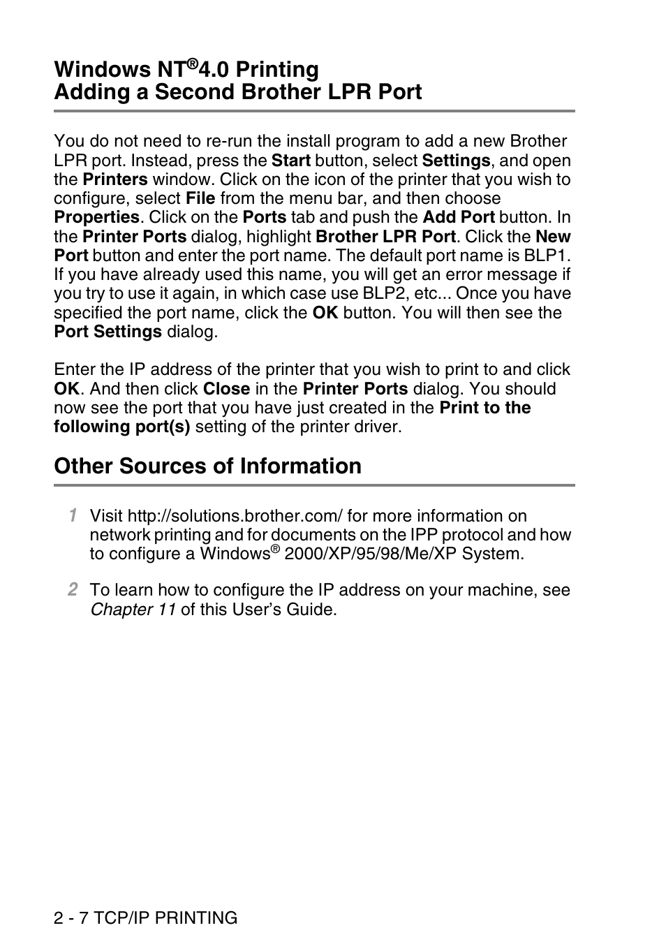 Other sources of information, Windows nt, 0 printing | 0 printing adding a second brother lpr port | Brother NC9100H User Manual | Page 33 / 176