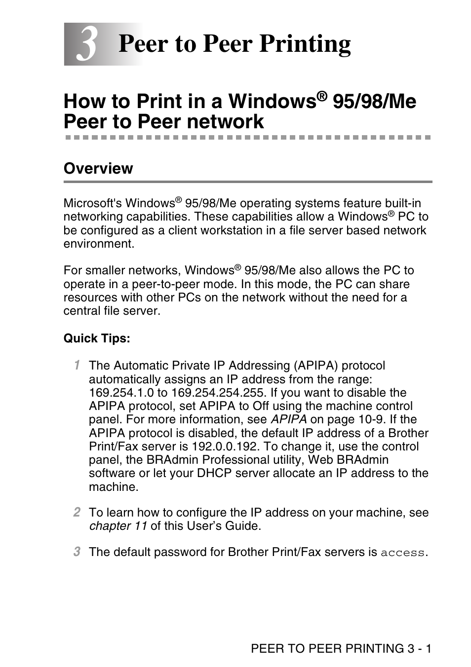 3 peer to peer printing, Overview, Quick tips | Peer to peer printing -1, How to print in a windows, 95/98/me, Peer to peer network -1, Overview -1, Peer to peer printing, 95/98/me peer to peer network | Brother NC9100H User Manual | Page 34 / 176
