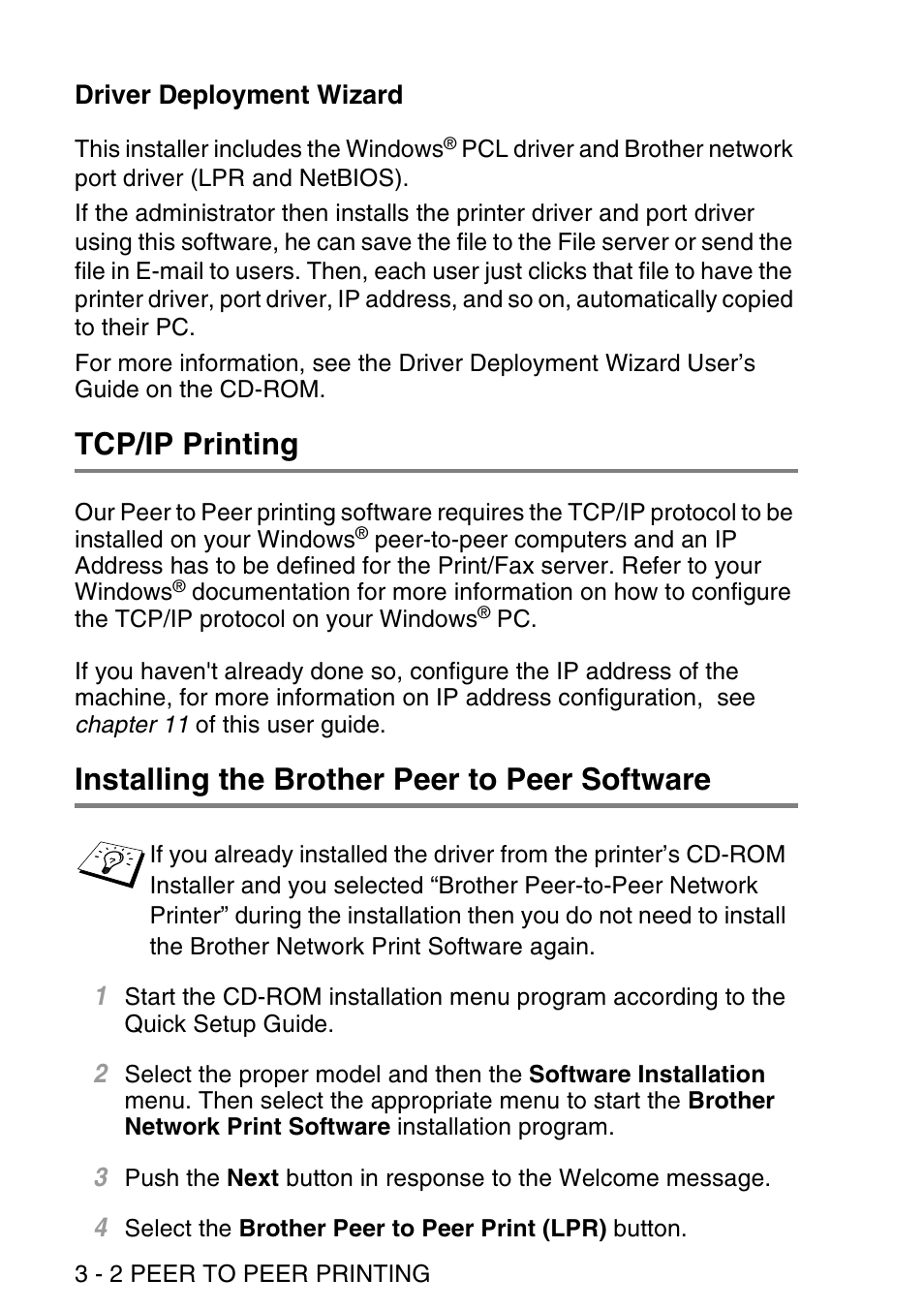 Driver deployment wizard, Tcp/ip printing, Installing the brother peer to peer software | Driver deployment wizard -2 | Brother NC9100H User Manual | Page 35 / 176