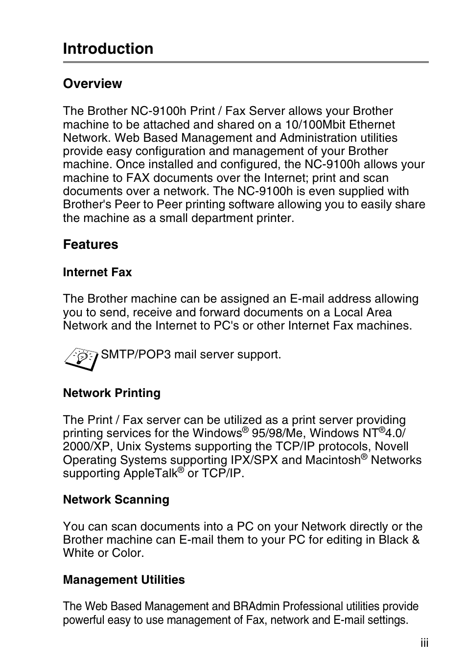 Introduction, Overview, Features | Brother NC9100H User Manual | Page 4 / 176