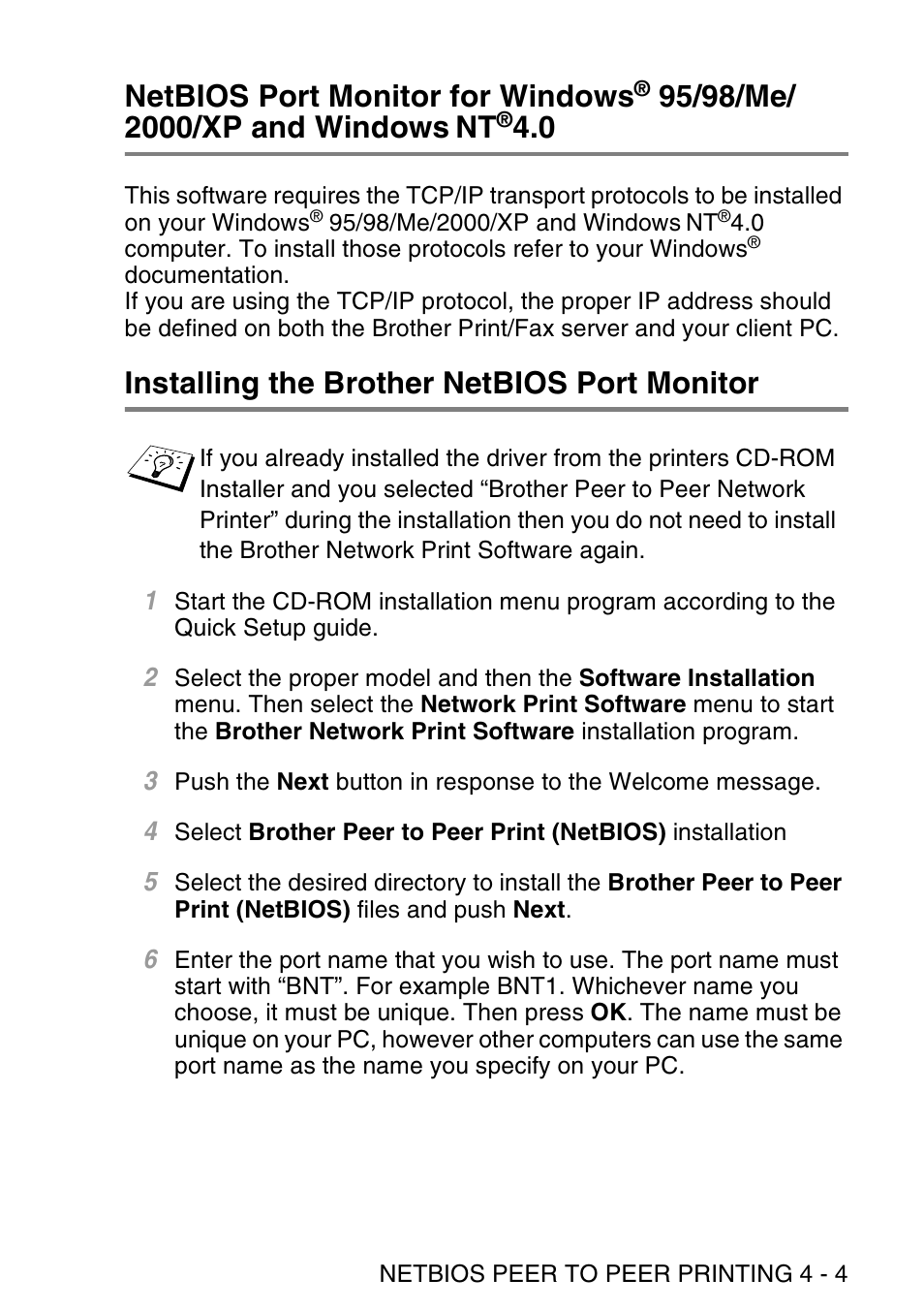 Installing the brother netbios port monitor, Netbios port monitor for windows, 95/98/me/ 2000/xp | And windows, Installing the brother netbios port monitor -4 | Brother NC9100H User Manual | Page 42 / 176