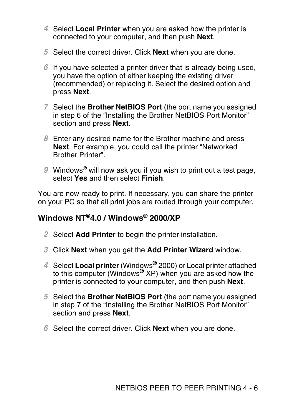 Windows nt®4.0 / windows® 2000/xp, Windows nt, 0 / windows | 2000/xp -6 | Brother NC9100H User Manual | Page 44 / 176