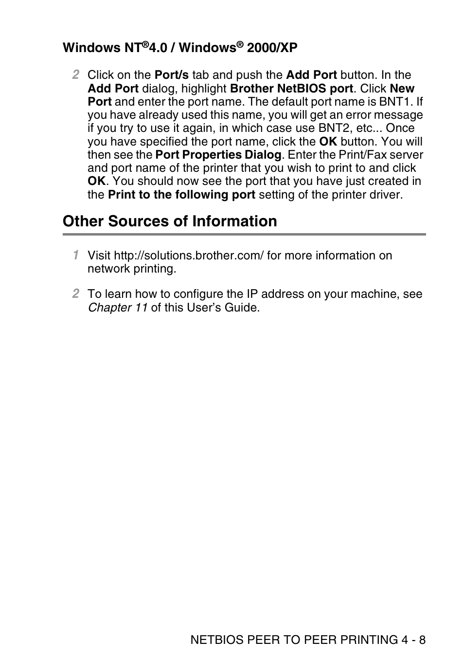 Windows nt®4.0 / windows® 2000/xp, Other sources of information, Windows nt | 0 / windows, 2000/xp -8, Other sources of information -8 | Brother NC9100H User Manual | Page 46 / 176