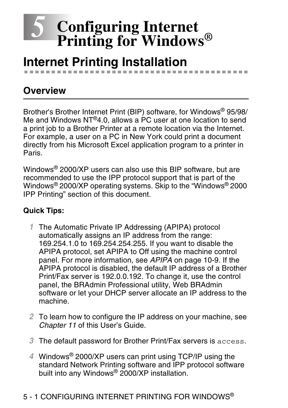 5 configuring internet printing for windows, Internet printing installation, Overview | Configuring internet printing for windows, Internet printing installation -1, Overview -1 | Brother NC9100H User Manual | Page 47 / 176