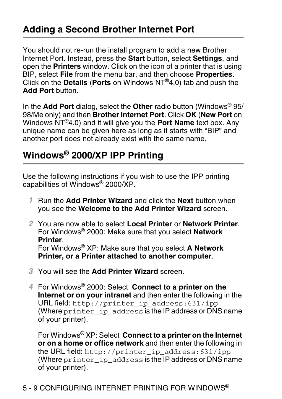 Adding a second brother internet port, Windows® 2000/xp ipp printing, Adding a second brother internet port -9 windows | 2000/xp ipp printing -9, Windows, 2000/xp ipp printing | Brother NC9100H User Manual | Page 55 / 176