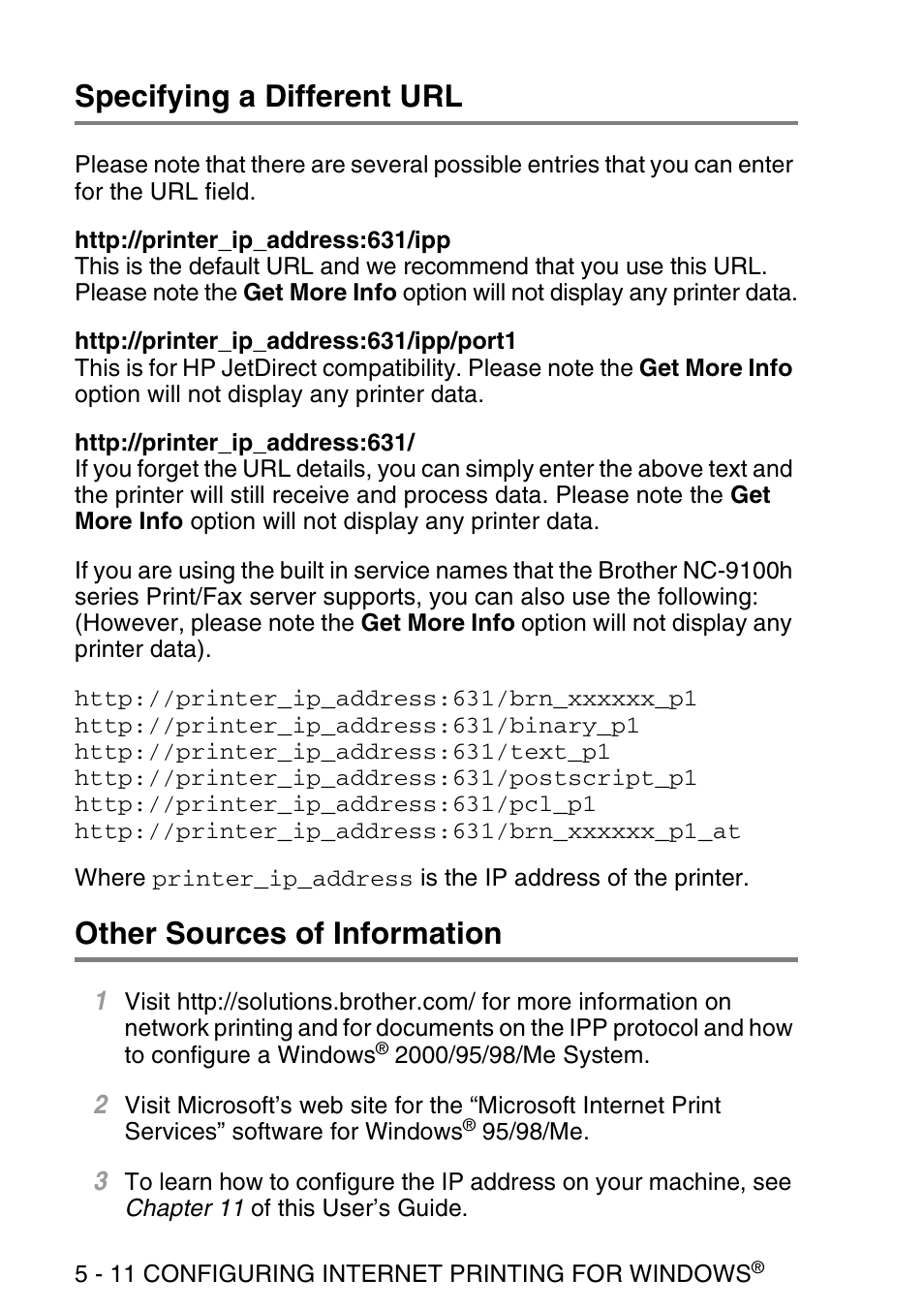 Specifying a different url, Other sources of information | Brother NC9100H User Manual | Page 57 / 176