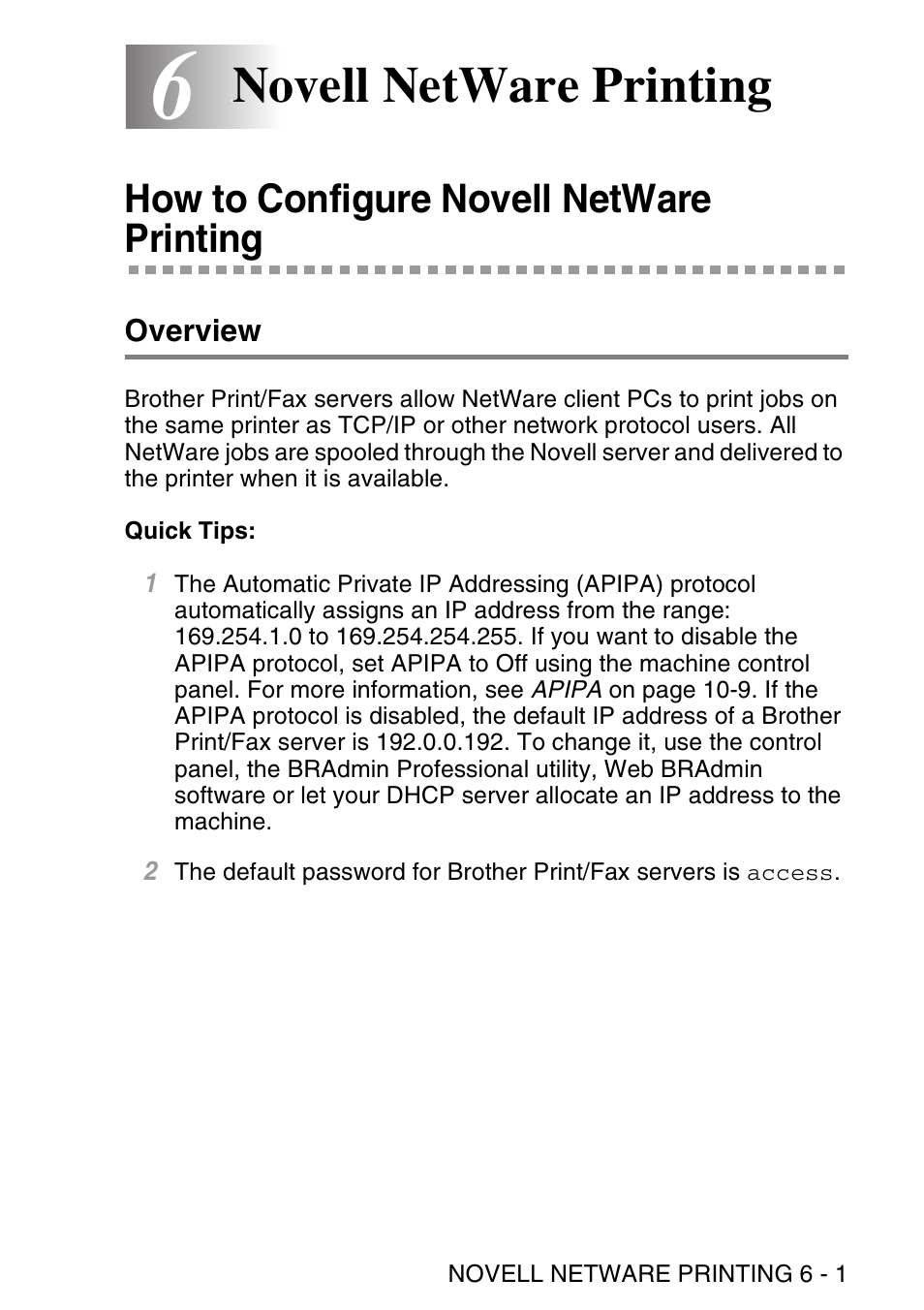 6 novell netware printing, How to configure novell netware printing, Overview | Novell netware printing -1, How to configure novell netware printing -1, Overview -1, Novell netware printing | Brother NC9100H User Manual | Page 58 / 176