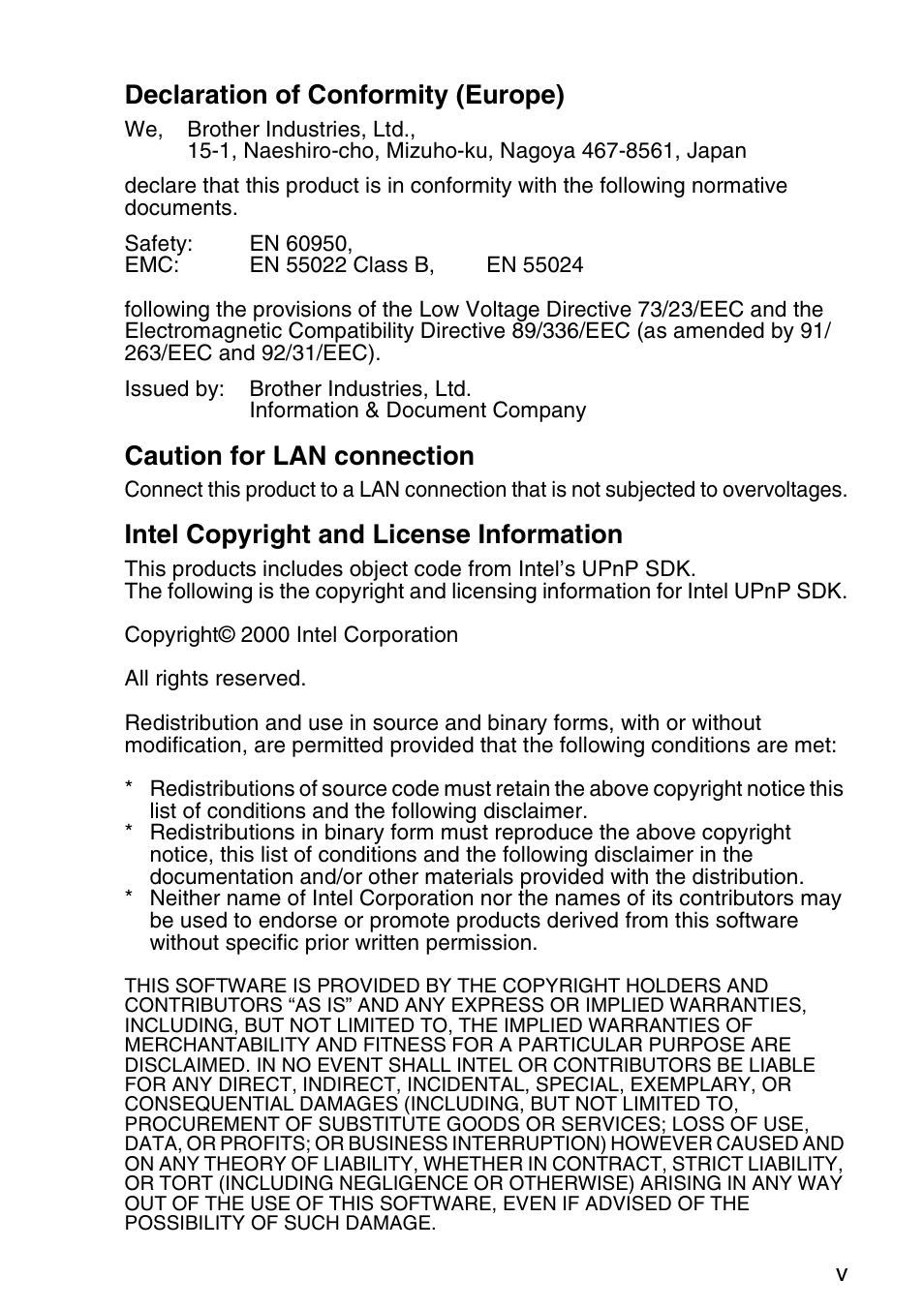 Declaration of conformity (europe), Caution for lan connection, Intel copyright and license information | Brother NC9100H User Manual | Page 6 / 176