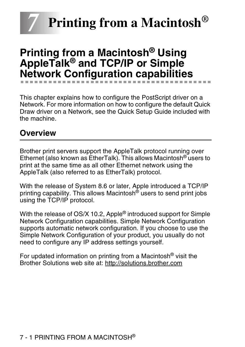 7 printing from a macintosh, Overview, Printing from a macintosh | Using appletalk, Overview -1 | Brother NC9100H User Manual | Page 71 / 176