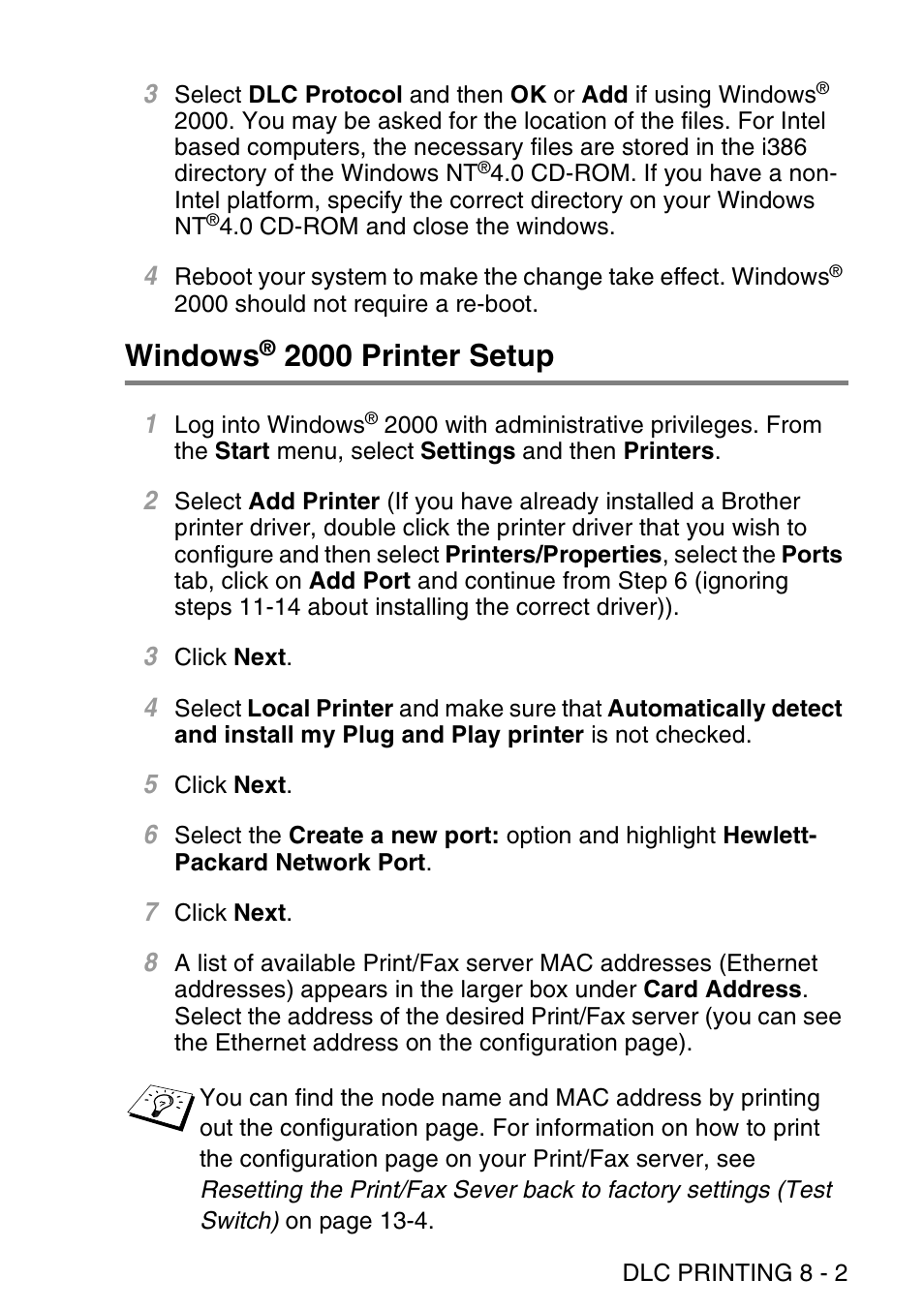 Windows® 2000 printer setup, Windows, 2000 printer setup -2 | 2000 printer setup | Brother NC9100H User Manual | Page 84 / 176