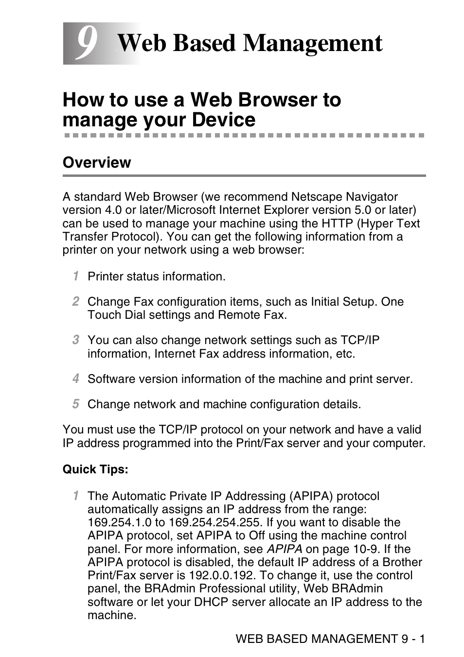 9 web based management, How to use a web browser to manage your device, Overview | Web based management -1, How to use a web browser to manage your device -1, Overview -1, Web based management | Brother NC9100H User Manual | Page 88 / 176