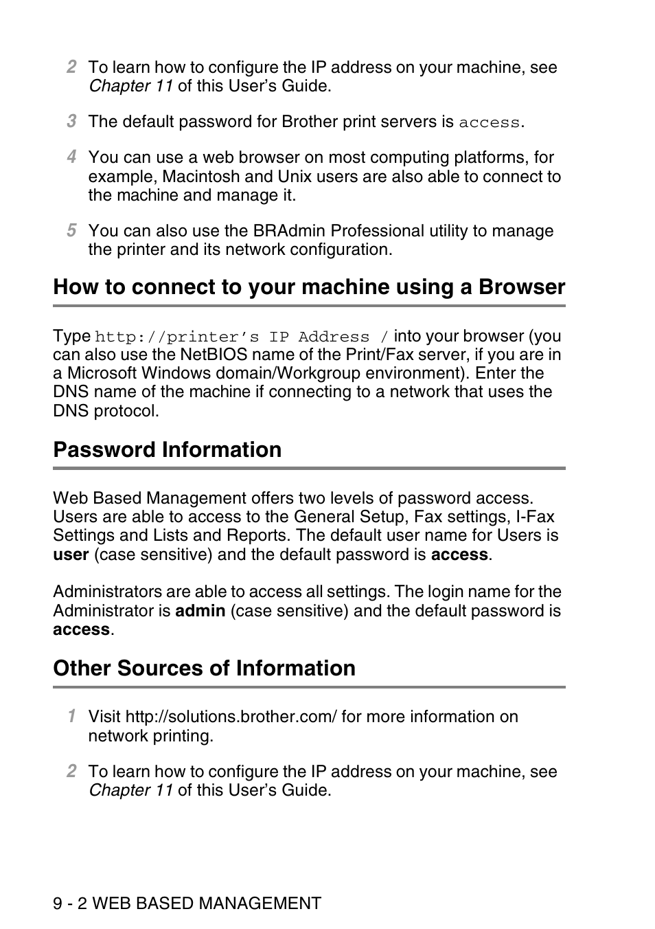 How to connect to your machine using a browser, Password information, Other sources of information | Brother NC9100H User Manual | Page 89 / 176