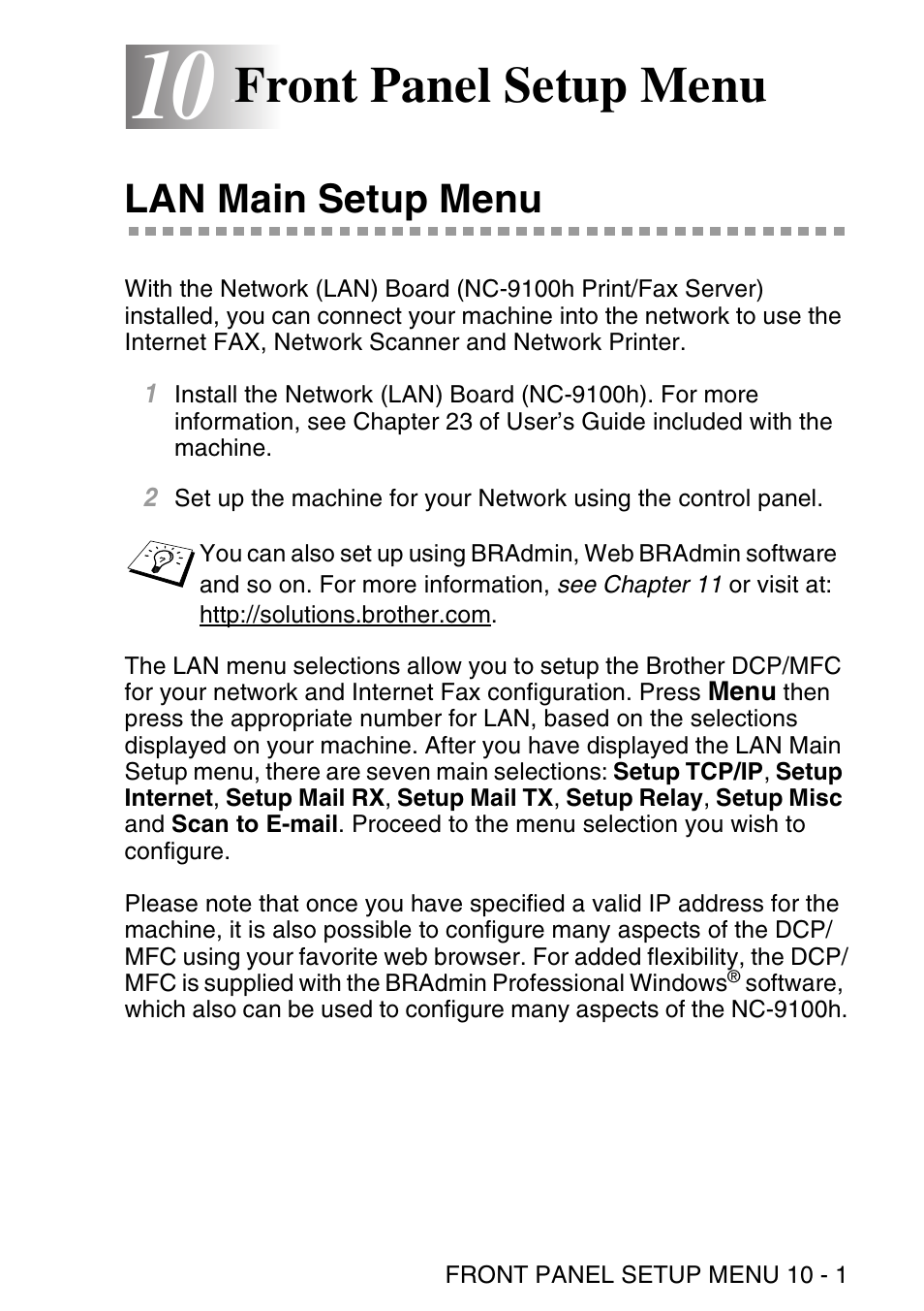 10 front panel setup menu, Lan main setup menu, Front panel setup menu -1 | Lan main setup menu -1, Front panel setup menu | Brother NC9100H User Manual | Page 90 / 176